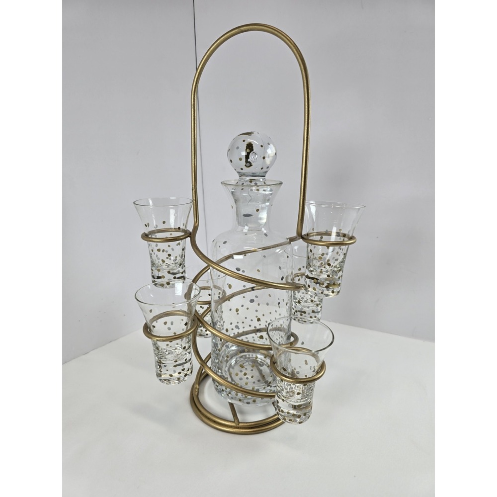 MCM Black & Gold Spots Glass Decanter Shot Glass Set Gold Caddy Barware 8 Pc